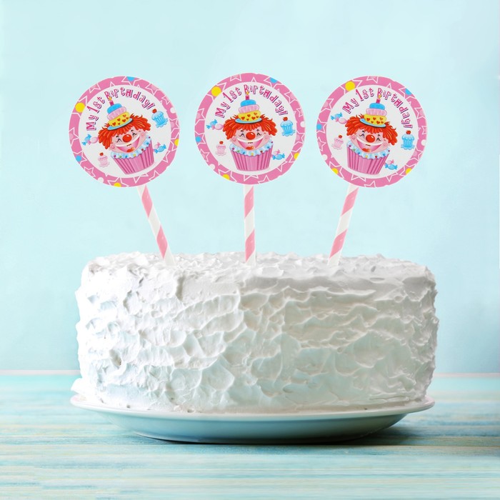 Топпер "Мой 1-ый день рождения" клоун, розовый цвет (6 шт на держателе) 