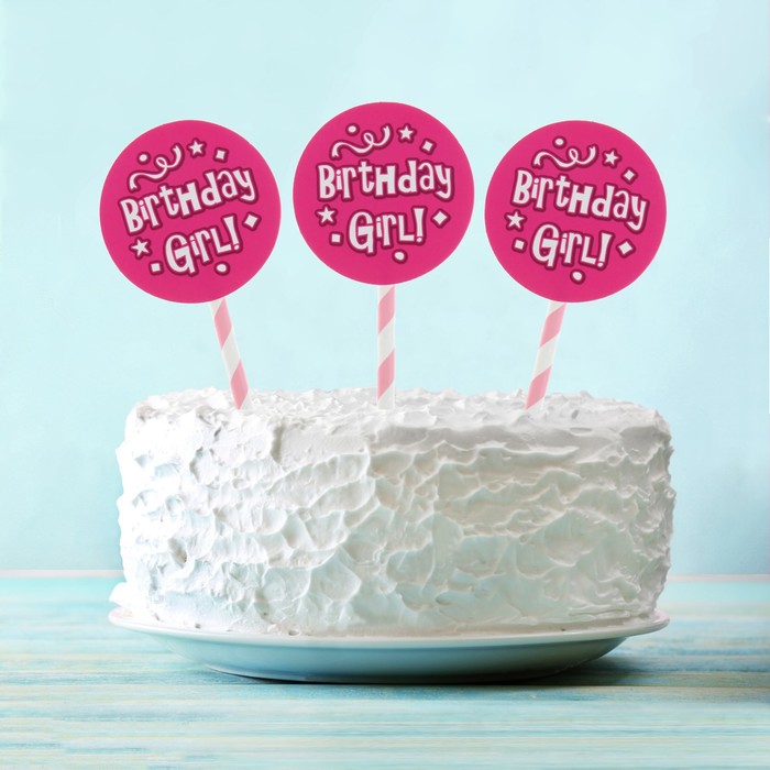 Топпер "С Днем рождения" для девочки, розовый цвет (6 шт на держателе) 