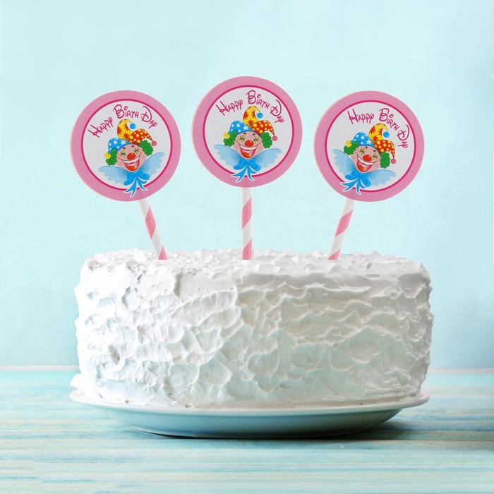 Топпер "С Днем рождения" клоун, розовый цвет (6 шт на держателе) 