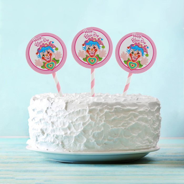 Топпер "С Днем рождения" клоун с сердцем, розовый цвет (6 шт на держателе) 