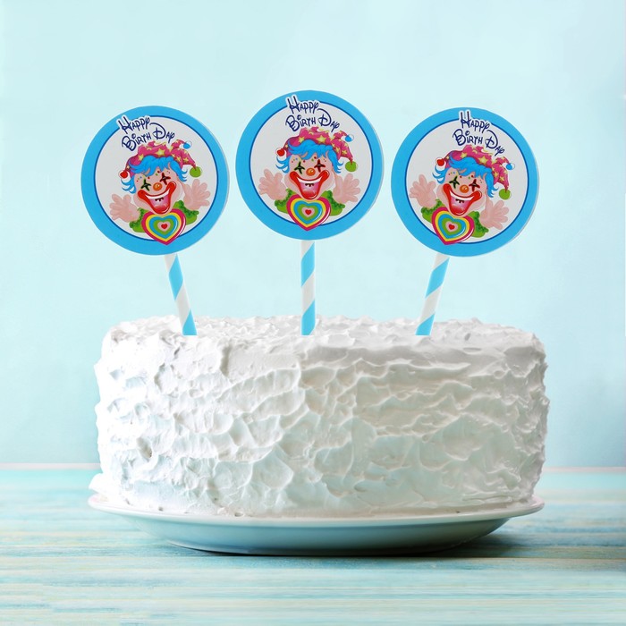 Топпер "С Днем рождения" клоун с сердцем, голубой цвет (6 шт на держателе) 