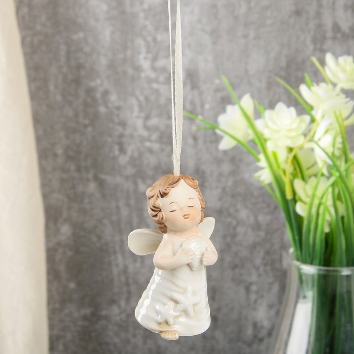 Сувенир керамика подвеска "Ангел-малыш в платье с ракушками" 7,2х4,2х4,5 см 