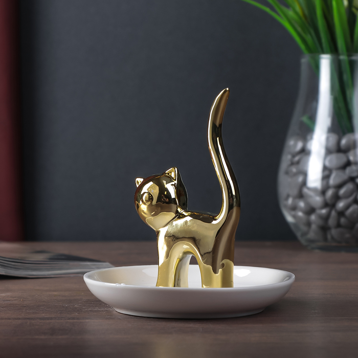 Сувенир керамика подставка под кольца "Котёнок" золото 8,2х11х11 см 