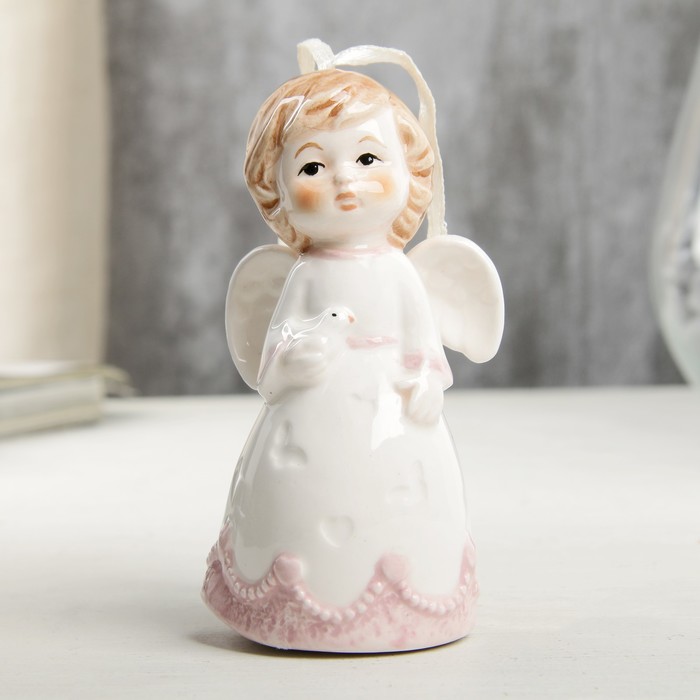 Сувенир керамика подвеска "Ангел-малыш в платье с розовыми оборками, с голубем" 10х5х5,5 см   405945 