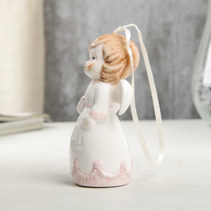 Сувенир керамика подвеска "Ангел-малыш в платье с розовыми оборками, с голубем" 10х5х5,5 см   405945 