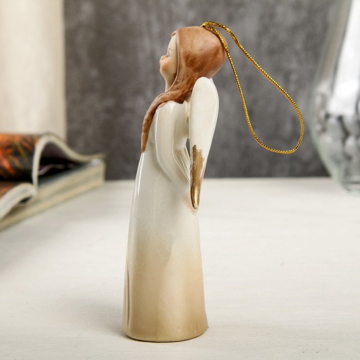 Сувенир керамика подвеска "Девочка-ангел в платье-волна с мишкой в руке" 12,4х3,8х6,8 см 