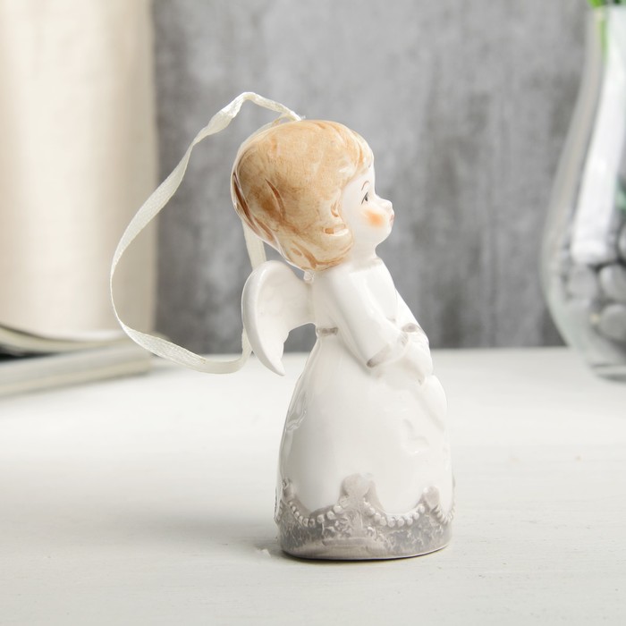 Сувенир керамика подвеска "Ангел-малыш в платье с серыми оборками, с сердцем" 10х5х5,5 см 