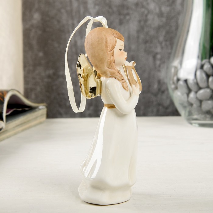 Сувенир керамика "Ангел-девочка с золотыми крыльями, с лирой в руке" 11,4х4,6х5,4 см 