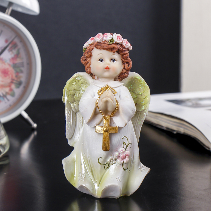 Сувенир полистоун "Ангел в нежном платье в розовом венке с крестом/книгой" МИКС 12х7х6,5см 