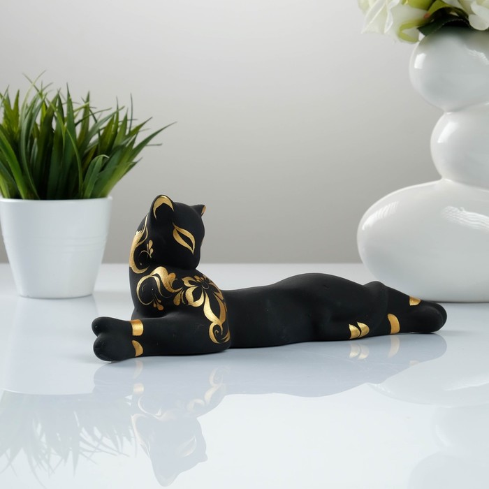 Фигура "Кошка Багира" малая лежачая роспись черная 7 × 27 × 10 см 010 