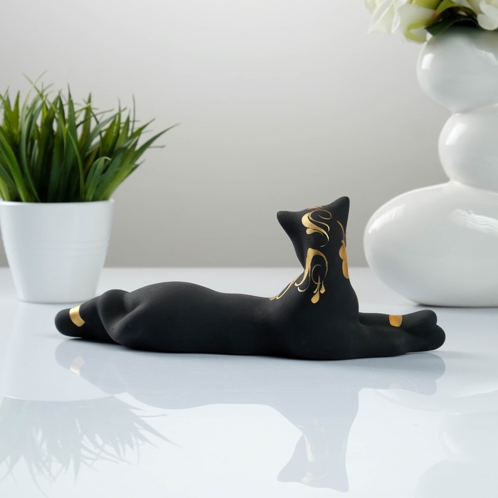 Фигура "Кошка Багира" малая лежачая роспись черная 7 × 27 × 10 см 010 