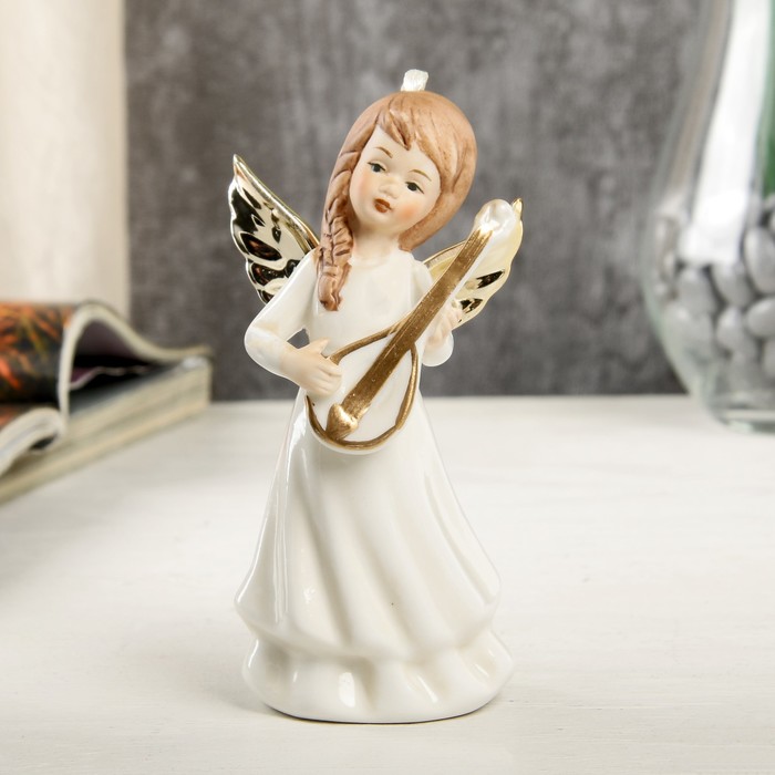 Сувенир керамика "Ангел-девочка с золотыми крыльями, с лютней" 11,4х4,6х5,4 см 