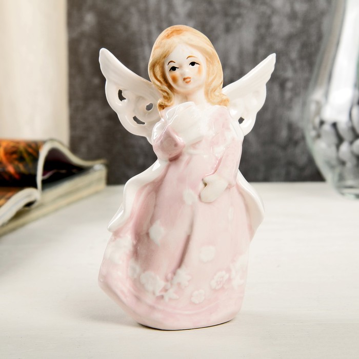 Сувенир керамика "Ангел-девочка в розовом платье с накидкой, с книгой в руке" 12,4х6х7,7 см 