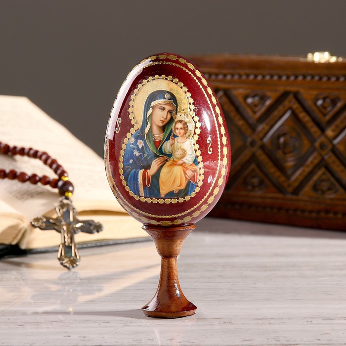 Сувенир Яйцо на подставке икона "Божья Матерь Неувядаемый цвет" 