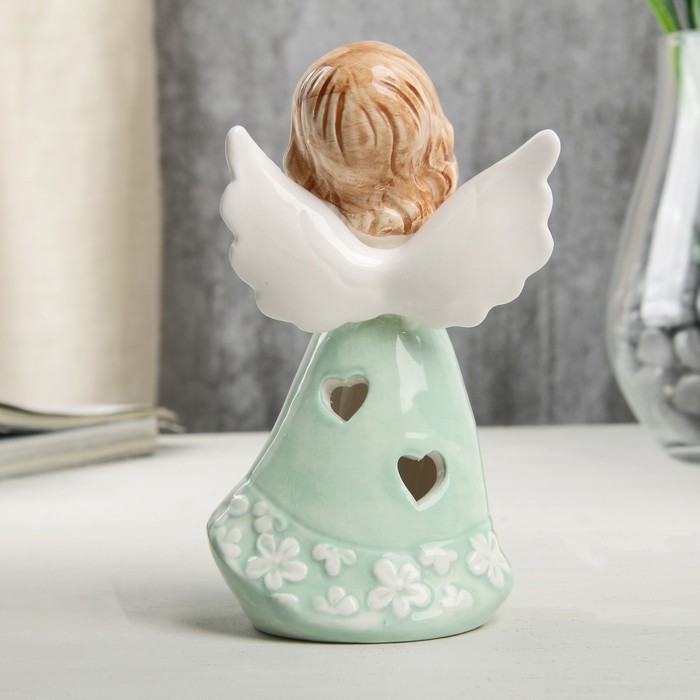 Сувенир керамика световой "Ангел-девочка в мятном платье, с голубем в руке" 12,1х6х7 см 