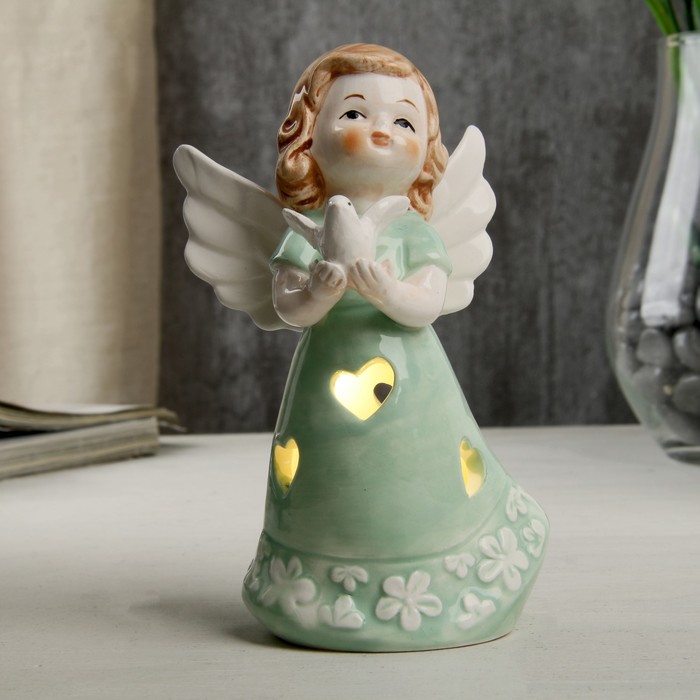 Сувенир керамика световой "Ангел-девочка в мятном платье, с голубем в руке" 12,1х6х7 см 