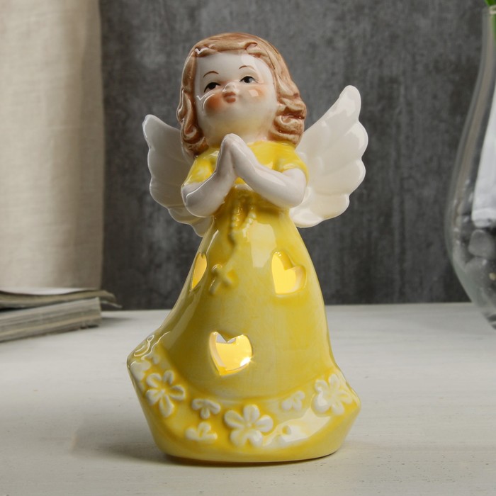 Сувенир керамика световой "Ангел-девочка в жёлтом платье, с крестом в руках" 12,1х6х7 см 