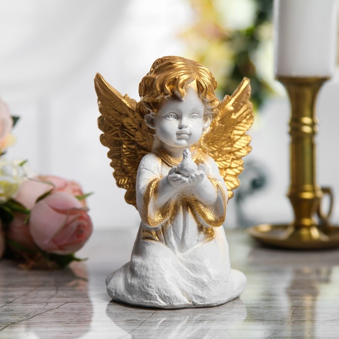 Сувенир "Ангел с птицей" белый с золотым, 17 см 
