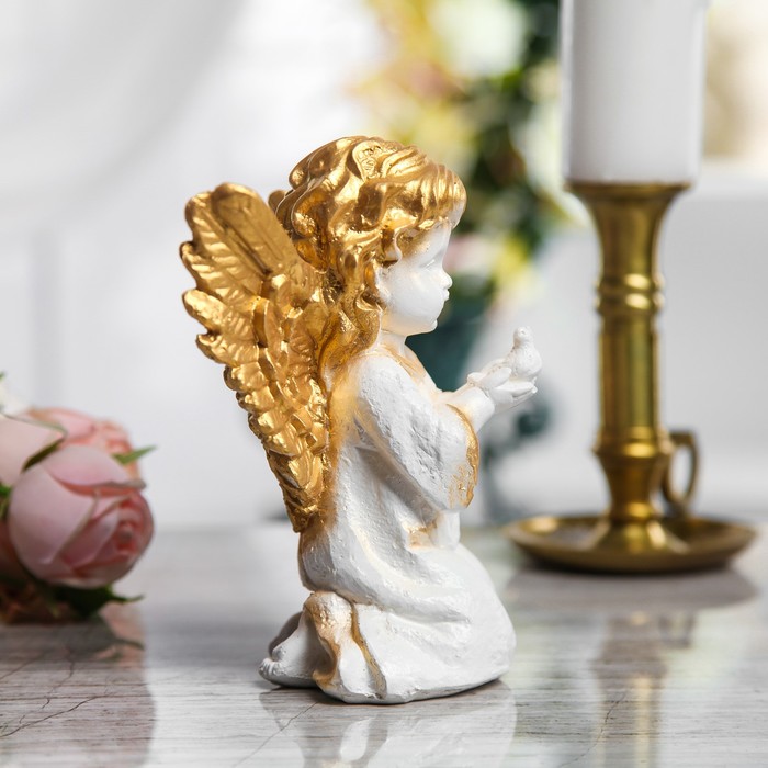 Сувенир "Ангел с птицей" белый с золотым, 17 см 