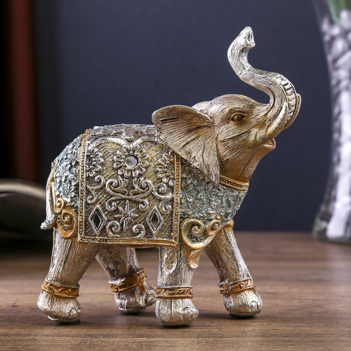 Сувенир полистоун "Серебристый слон в ажурной бирюзовой попоне с цветами" 12,5х5,5х11,2 см 