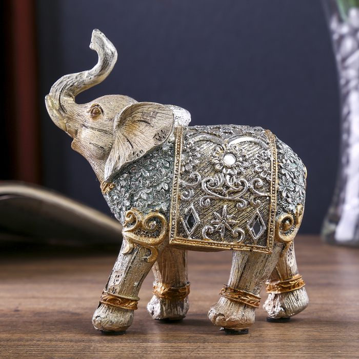 Сувенир полистоун "Серебристый слон в ажурной бирюзовой попоне с цветами" 12,5х5,5х11,2 см 