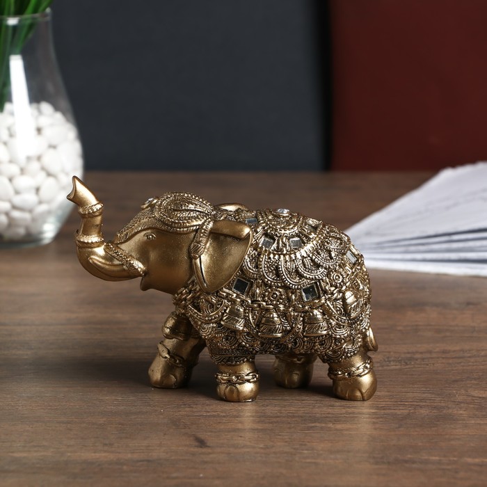Сувенир полистоун "Бронзовый слон в попоне с колокольчиками и зеркалами" 11,5х6,5х16 см 