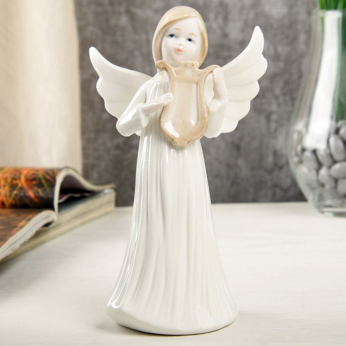 Сувенир керамика "Ангел-девочка в длинном платье, с лирой" 14,7х6,3х8,7 см 