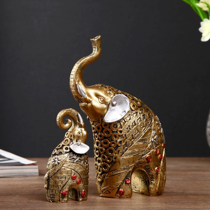 Сувенир полистоун "Золотой слон со слонёнком - кружочки" набор 2 шт 17,5х13,5х5 см 