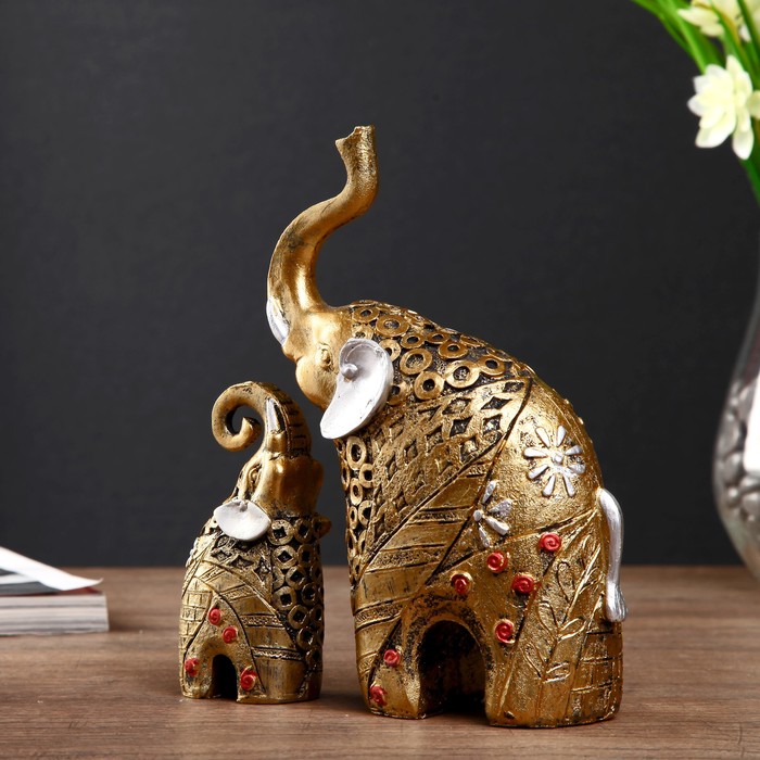 Сувенир полистоун "Золотой слон со слонёнком - кружочки" набор 2 шт 17,5х13,5х5 см 