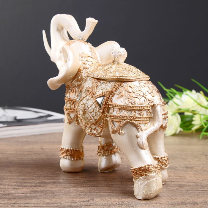 Сувенир полистоун шкатулка "Белый слон в попоне с золотыми узорами" 15,3х14х7,3 см 