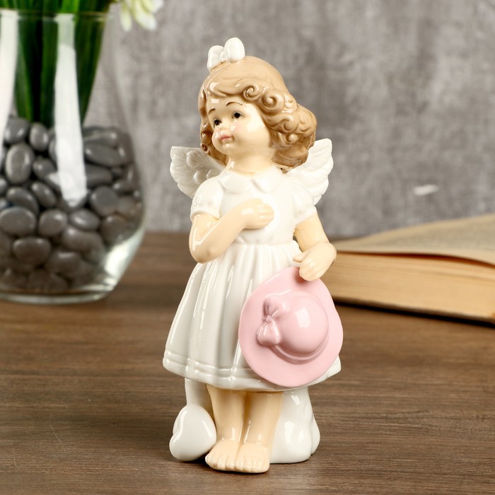 Сувенир керамика "Девочка-ангел в белом платье с розовой шляпкой" 14,3х6,3х6,5 см 