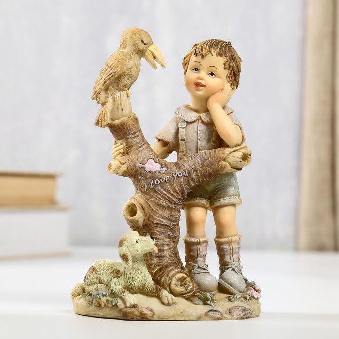 Сувенир полистоун детство "Малыш у дерева с вороной и щенком" 15,5х10,5х7,5 см 