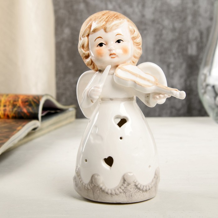 Сувенир керамика свет "Ангел-малыш в платье с серыми оборками, со скрипкой" 13х6,7х7,7 см 