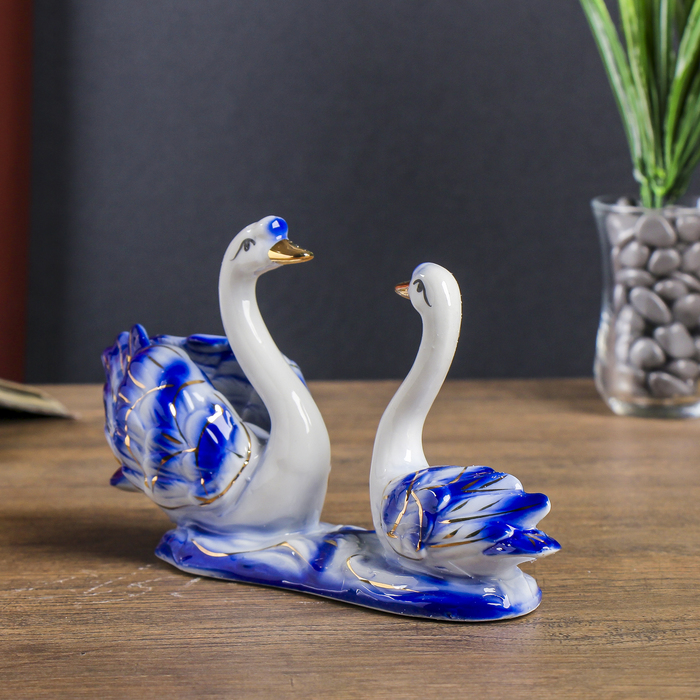 Сувенир "Два синих лебедя в пруду" с золотом 12,5х22х7 см 