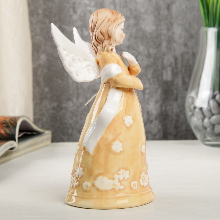Сувенир керамика колокольчик "Ангел-девочка в персиковом платье с лентой" 16,8х7,5х9,1 см 