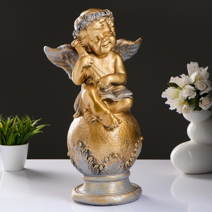 Фигура «Ангел со скрипкой улыбчивый» бронза-серебро 21×26×48см 