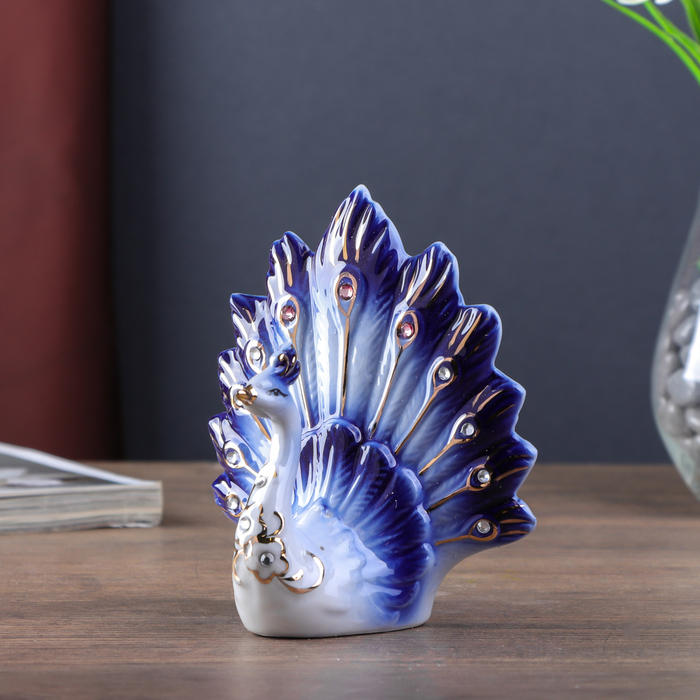 Сувенир керамика "Павлин с цветами на грудке" синий, стразы 12,5х11,5х6,5 см 