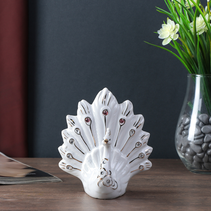 Сувенир керамика "Павлин с цветами на грудке" белый, стразы 12,5х11,5х6,5 см 