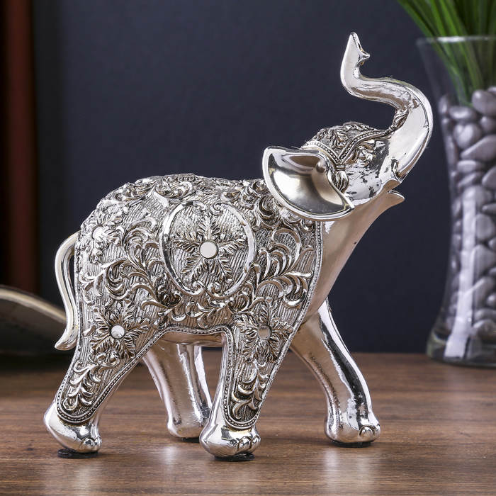 Сувенир полистоун "Серебряный слон с ажурным цветочным рисунком" 14,5х6х16 см 