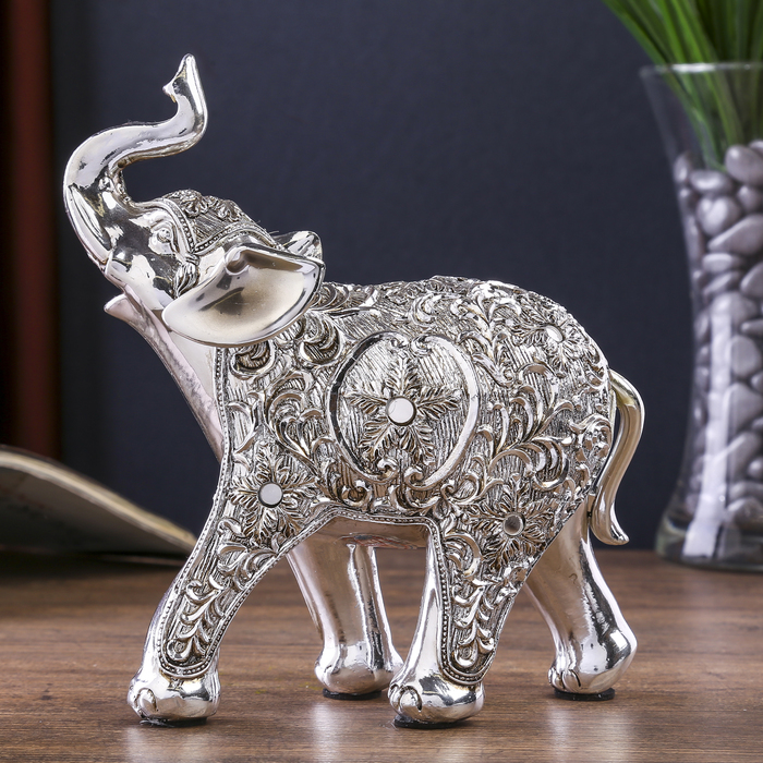 Сувенир полистоун "Серебряный слон с ажурным цветочным рисунком" 14,5х6х16 см 