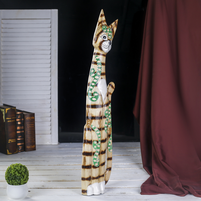 Сувенир дерево "Полосатая кошка с бирюзовыми завитками" 7х18х80 см 
