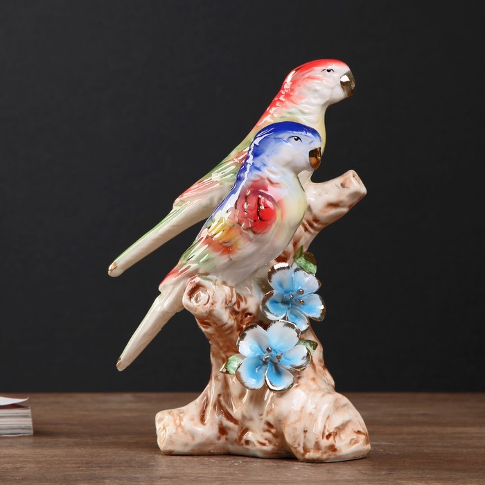 Сувенир керамика "Два попугайчика на коряге с цветами" 17,8х12х7,5 см 