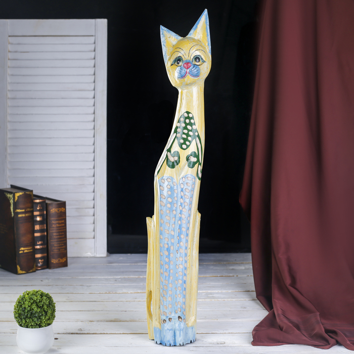 Сувенир дерево "Желтая кошка с голубыми лапками" 7х18х80 см 