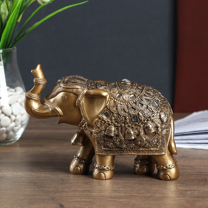 Сувенир полистоун "Бронзовый слон в попоне с колокольчиками и зеркалами" 16,5х9х20,5 см 