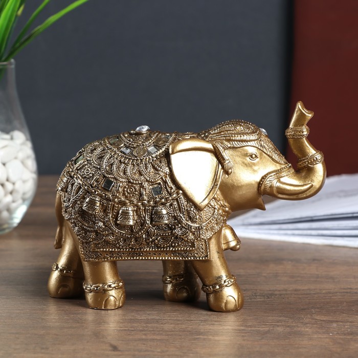 Сувенир полистоун "Бронзовый слон в попоне с колокольчиками и зеркалами" 16,5х9х20,5 см 