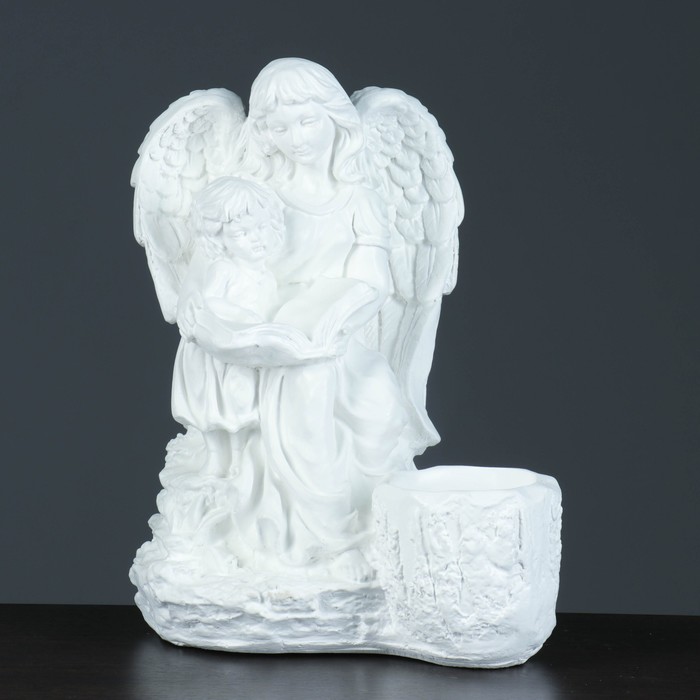 Светящееся фигурное кашпо "Дева ангел с ребенком" бело-золотое 36см 