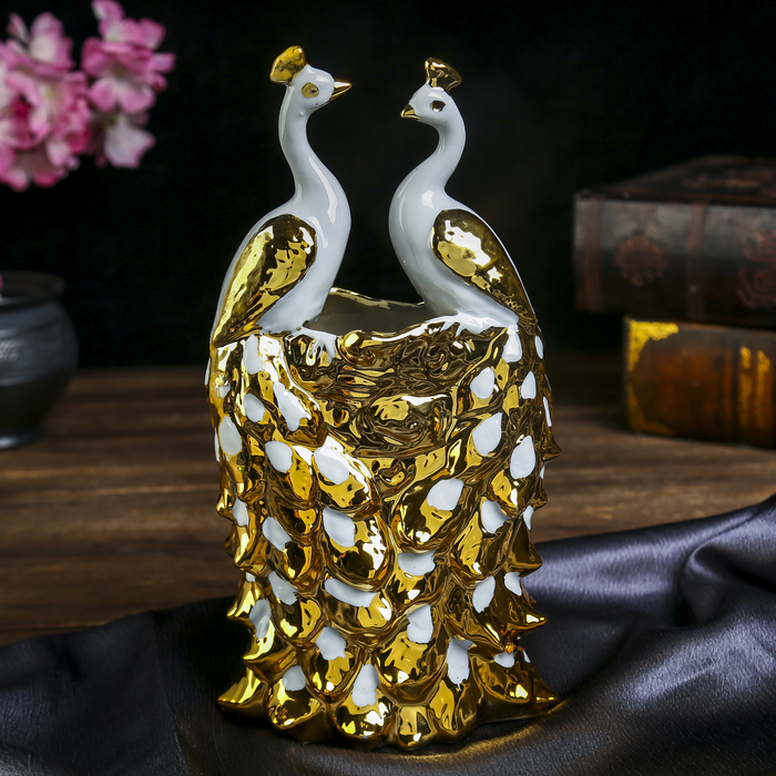 Сувенир керамика вазон "Два белых павлина с золотым оперением" 25,5х13х9 см 