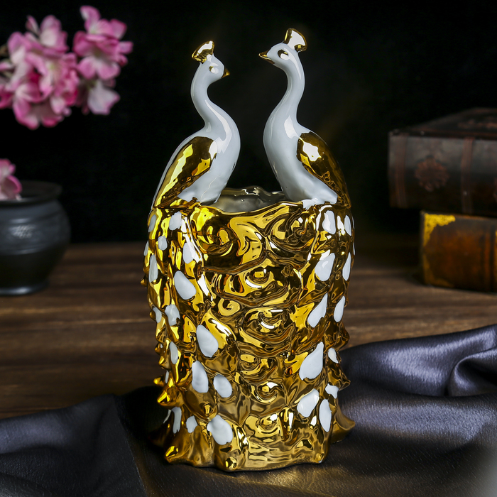 Сувенир керамика вазон "Два белых павлина с золотым оперением" 25,5х13х9 см 