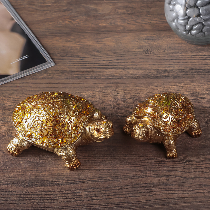 Сувенир полистоун "Золотые черепахи" набор 2 шт 5,5х11,5х8,5; 6х14х10 см 