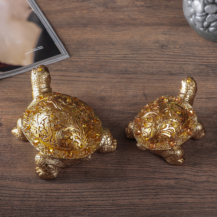 Сувенир полистоун "Золотые черепахи" набор 2 шт 5,5х11,5х8,5; 6х14х10 см 
